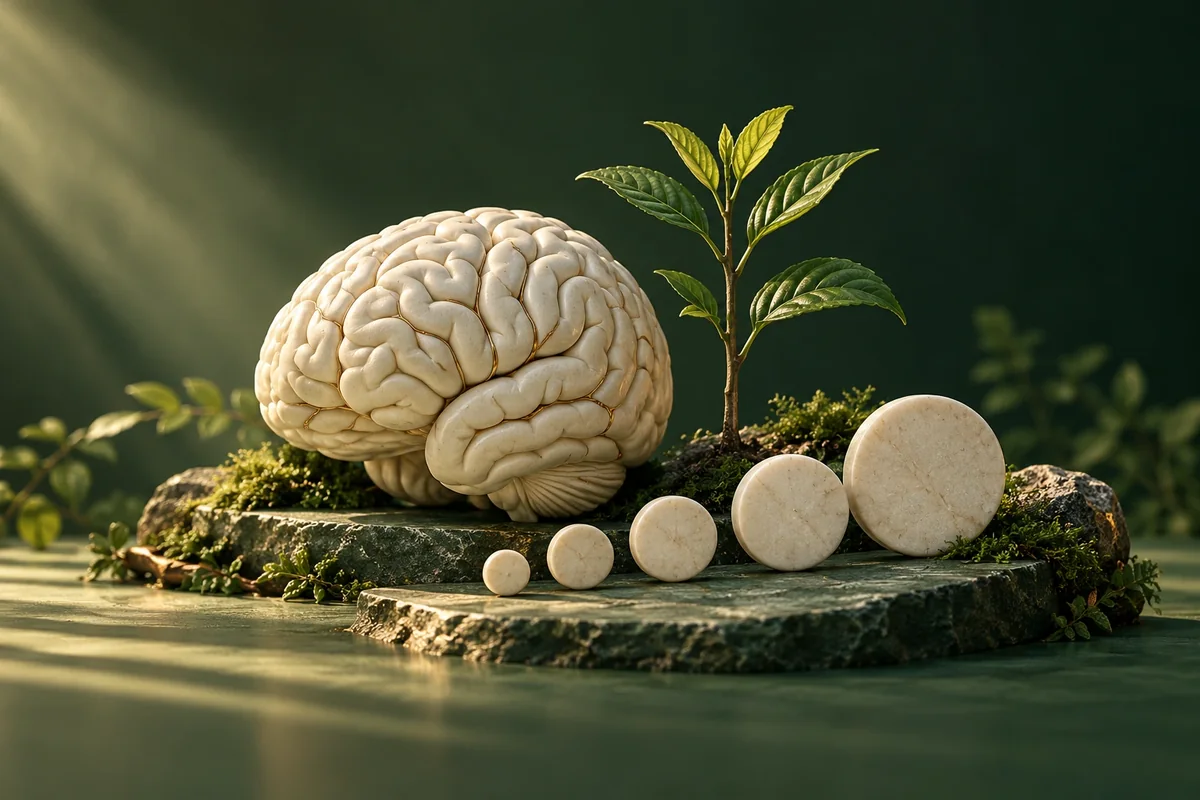 Ilustración editorial: cerebro de cerámica, brote y piedras que evocan el paso del tiempo