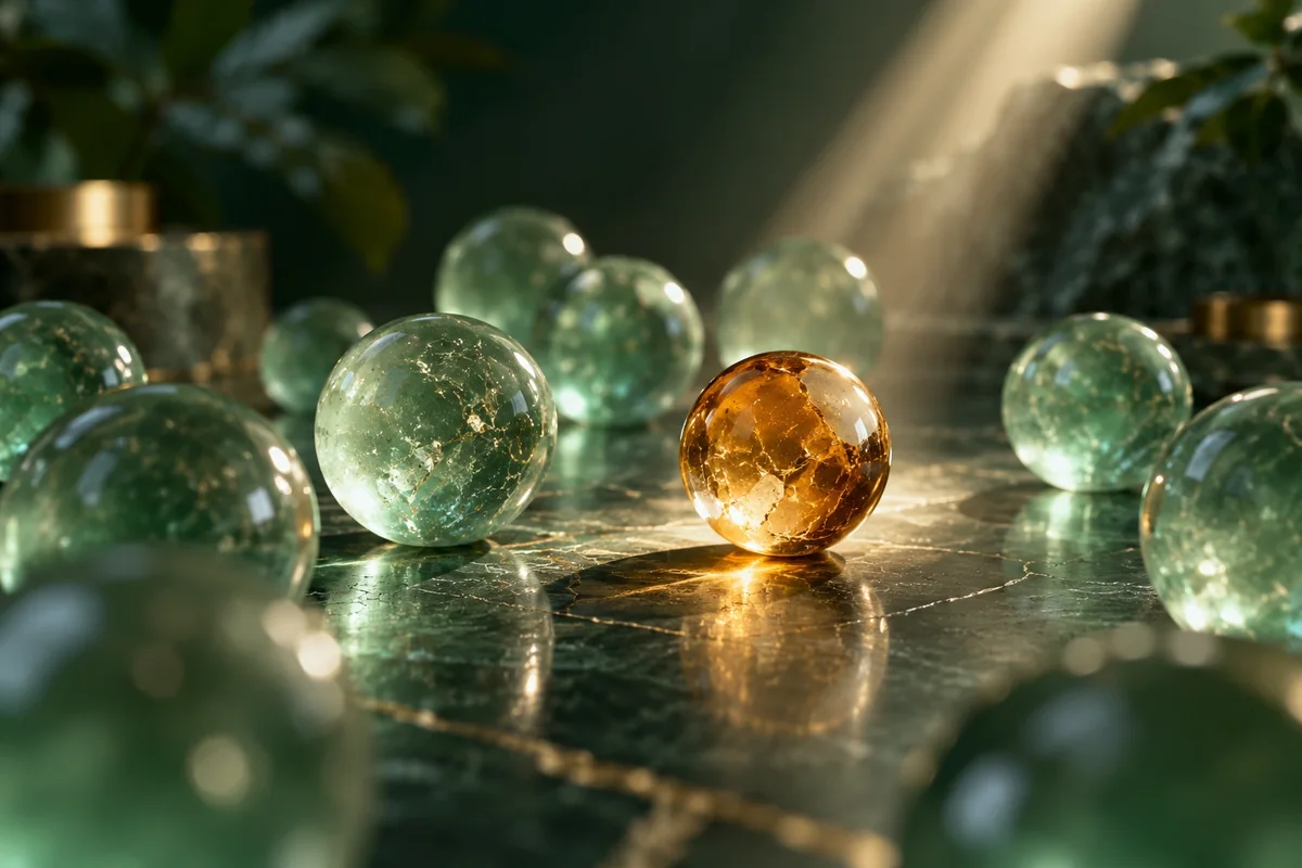Ilustración editorial de una esfera ámbar destacada entre esferas de cristal verde