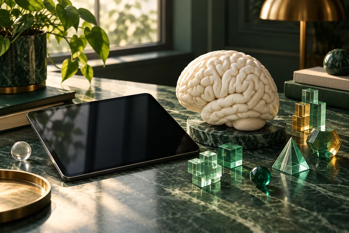 Ilustración editorial de una tableta y un cerebro junto a piezas geométricas