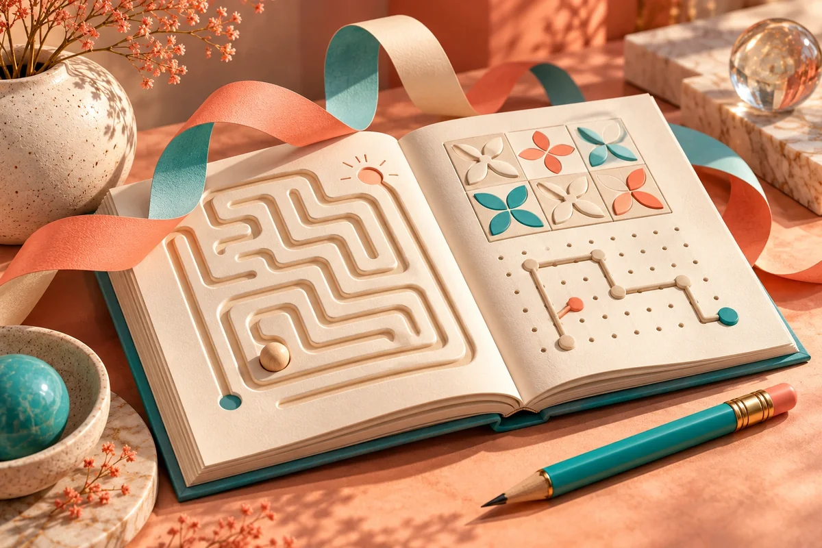 Cuaderno de ejercicios con caminos de lápiz y una cinta de papel