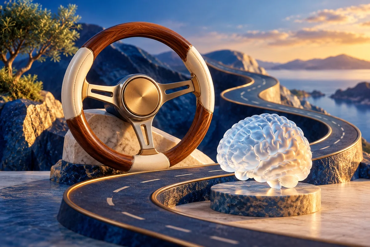 Volante, carretera sinuosa y cerebro de cristal que evocan la atención al conducir
