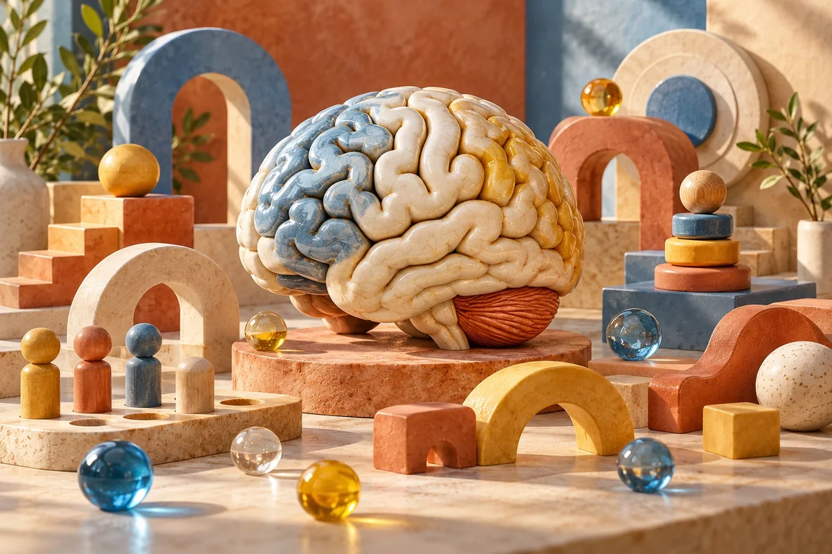 Cerebro de cerámica rodeado de objetos para la estimulación cognitiva