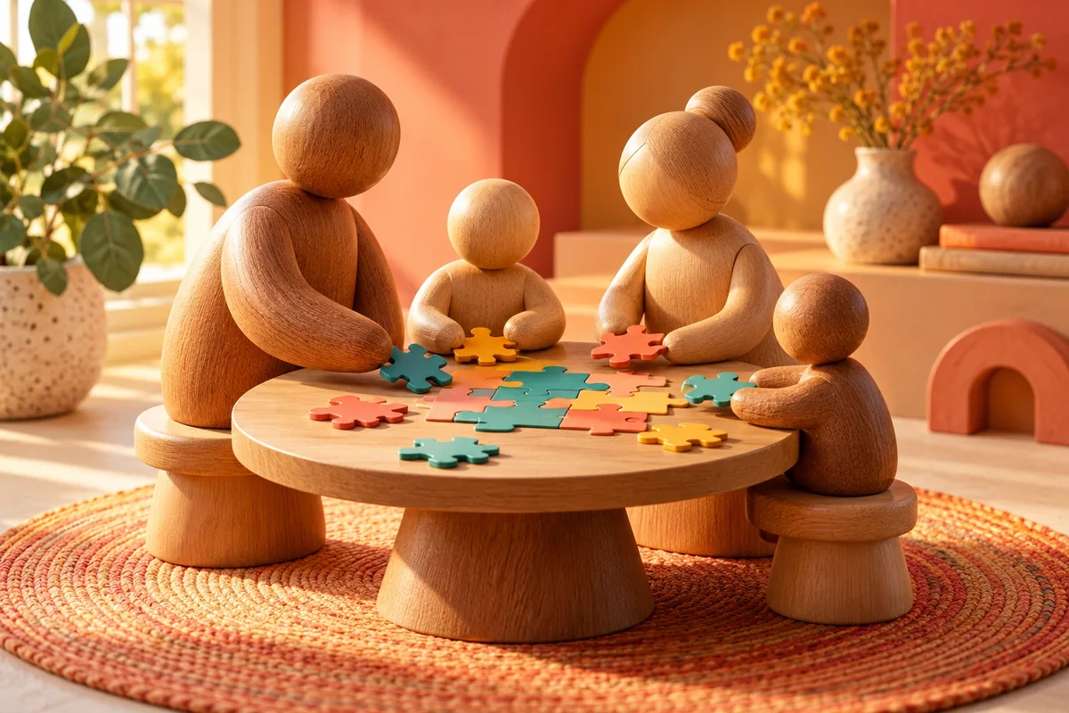 Figuras de madera de distintos tamaños alrededor de un juego familiar