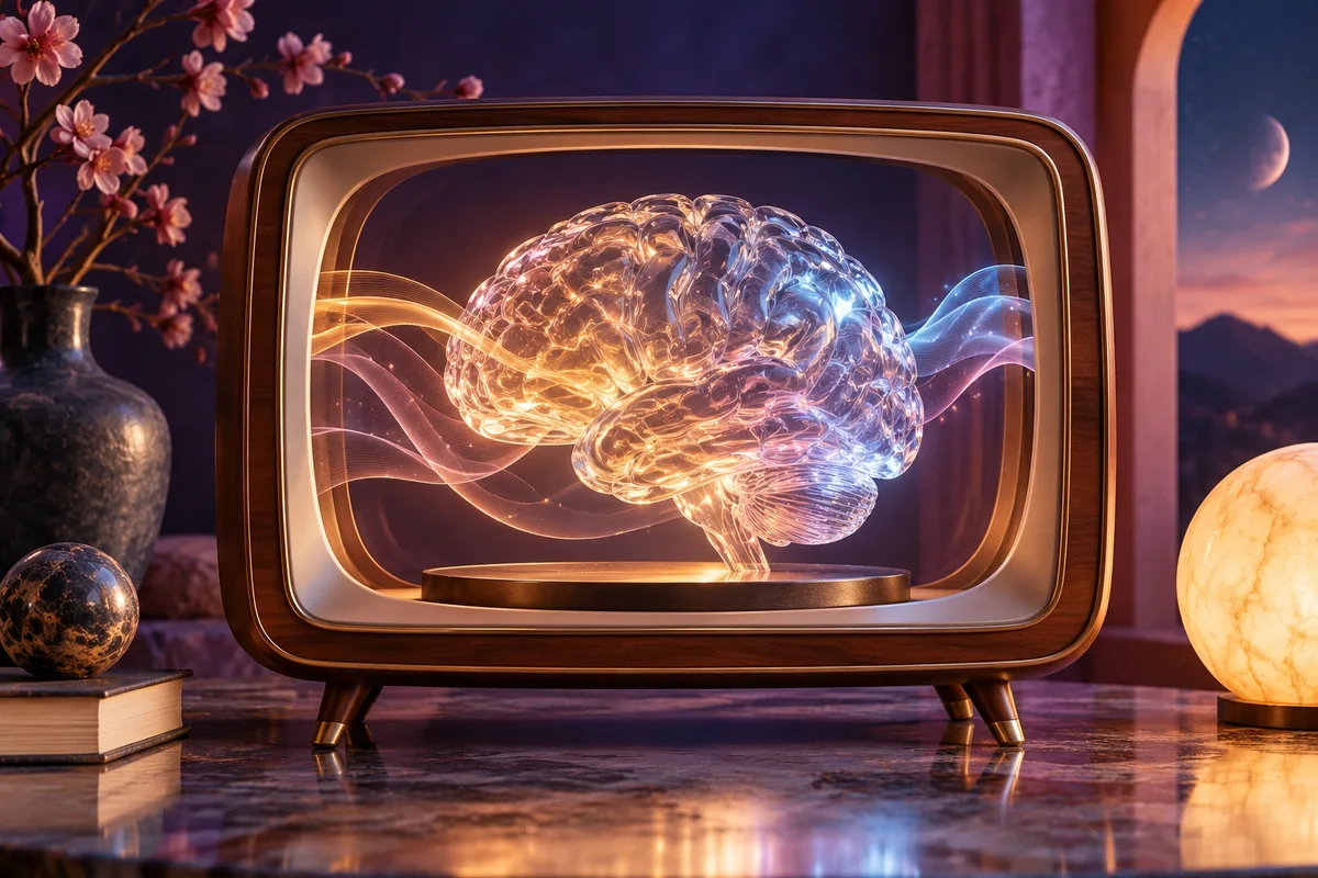 Televisor escultórico con un cerebro de cristal y cintas luminosas