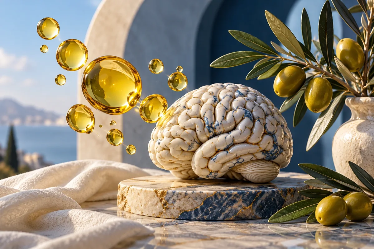 Gotas de cristal doradas junto a un cerebro de porcelana y una rama de olivo