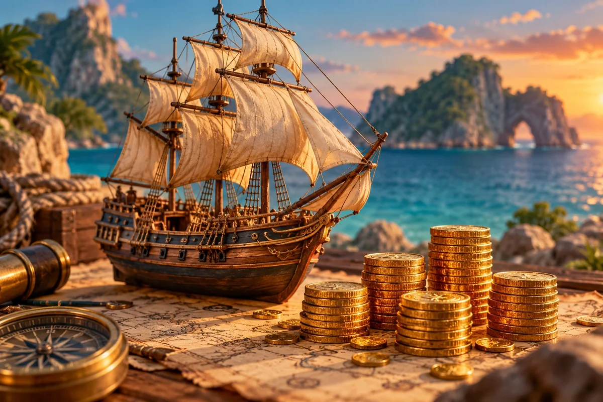 Barco pirata en miniatura junto a cinco montones de monedas