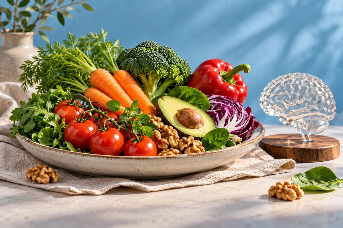 Plato de alimentos variados junto a un pequeño cerebro de cristal