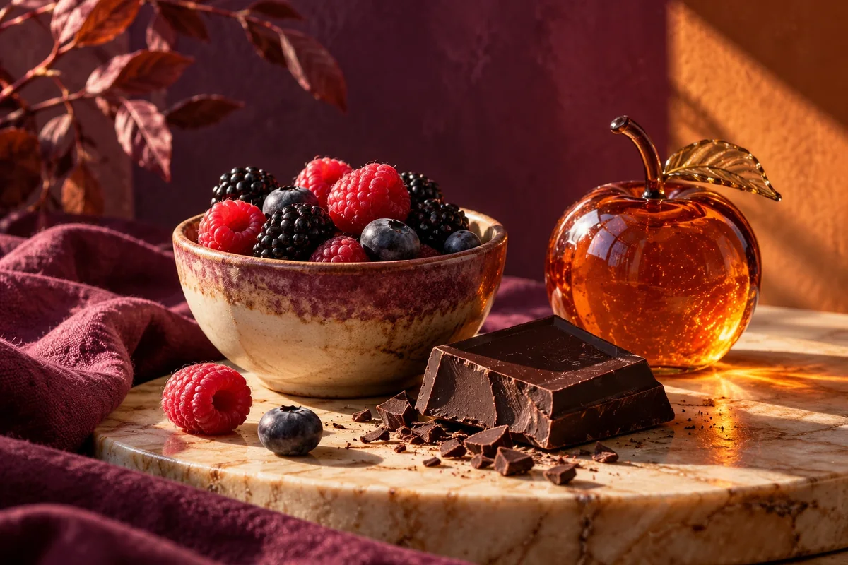 Frutos rojos, chocolate y una fruta de cristal en una escena sobre el apetito
