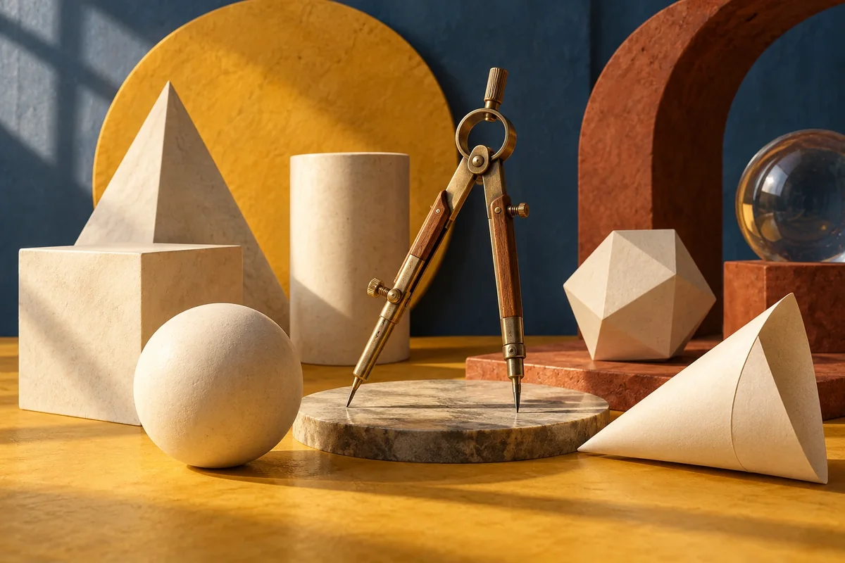 Compás de dibujo y sólidos geométricos sobre una mesa de trabajo