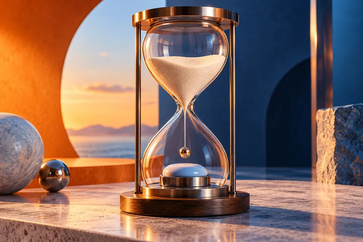 Reloj de arena y pequeñas esferas que evocan el tiempo de reacción