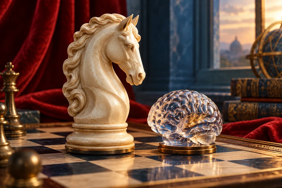 Caballo de ajedrez y cerebro de cristal sobre un tablero