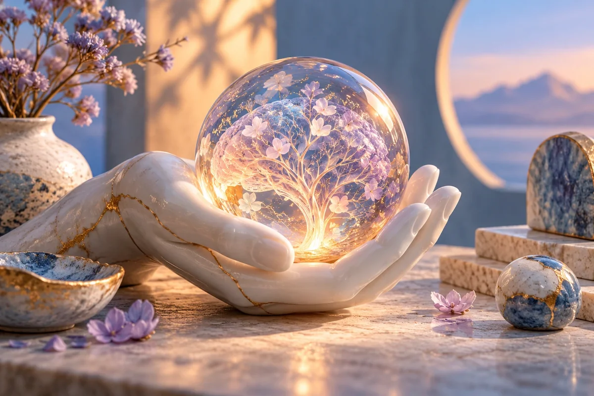 Mano de porcelana que sostiene una esfera luminosa para representar la memoria