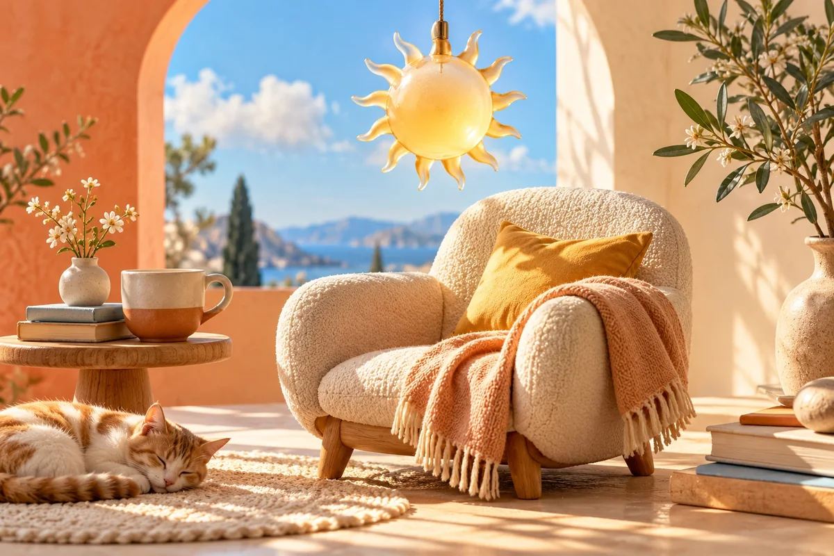 Sillón y manta bajo un disco solar para evocar una siesta tranquila