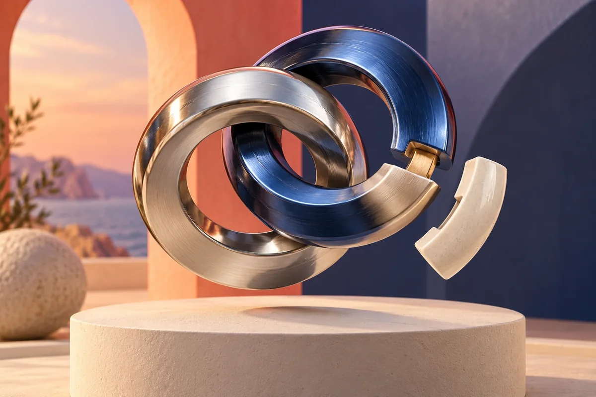 Anillos metálicos entrelazados que evocan un rompecabezas