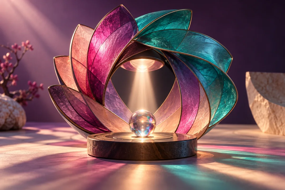 Abertura de pétalos translúcidos que concentra luz sobre una esfera
