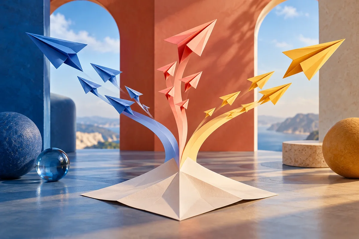 Aviones de papel que siguen caminos distintos para representar el pensamiento divergente