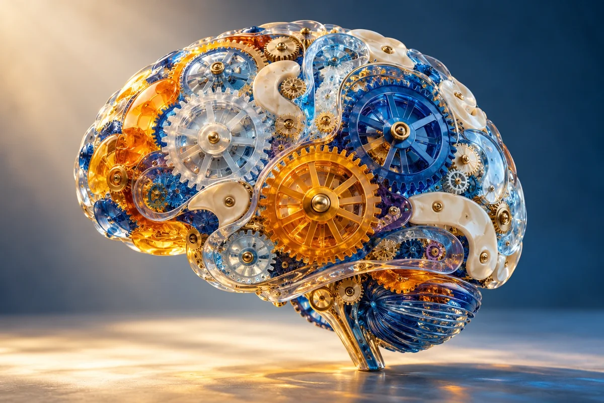 Engranajes translúcidos que forman una metáfora del funcionamiento cerebral