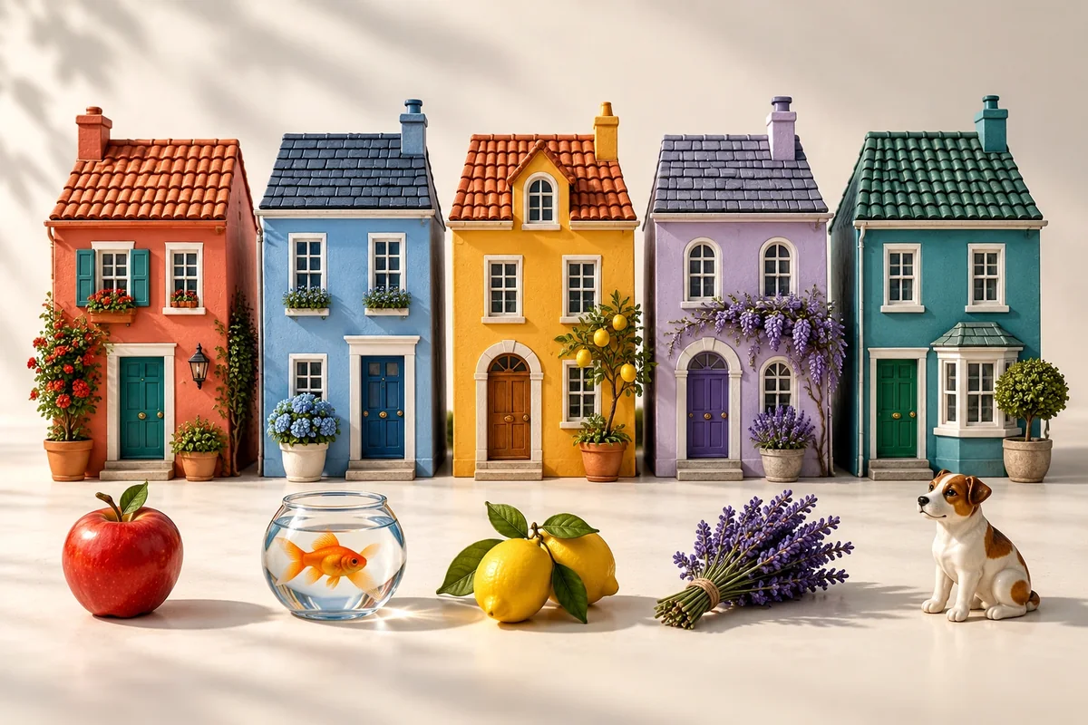 Cinco casas en miniatura con objetos diferentes que evocan el acertijo de Einstein