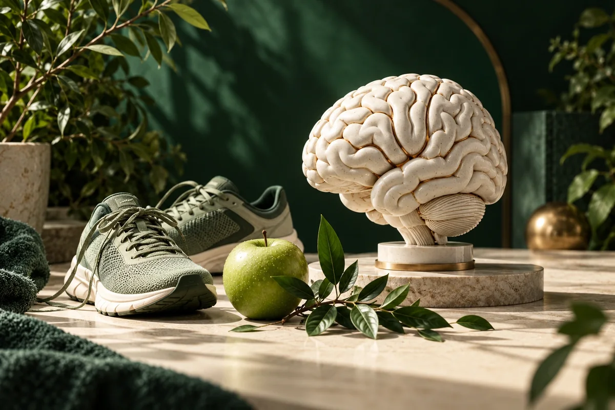 Ilustración editorial de hábitos saludables: zapatillas, una manzana y un cerebro