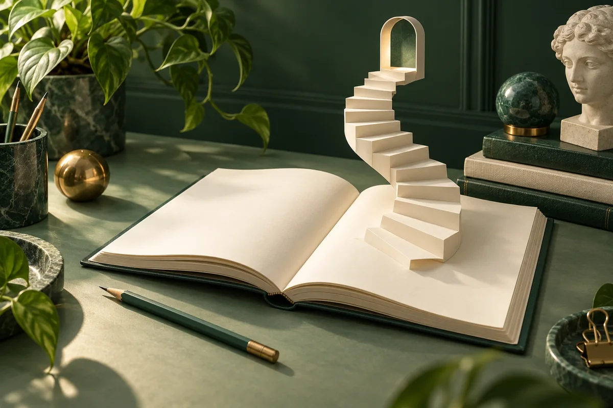 Ilustración editorial de un cuaderno abierto con una escalera de papel