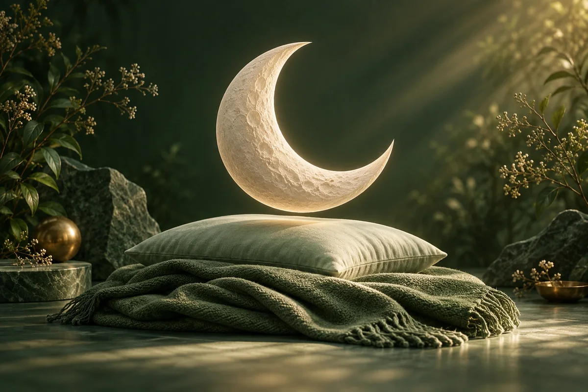 Ilustración conceptual del descanso con una luna, una manta y una almohada