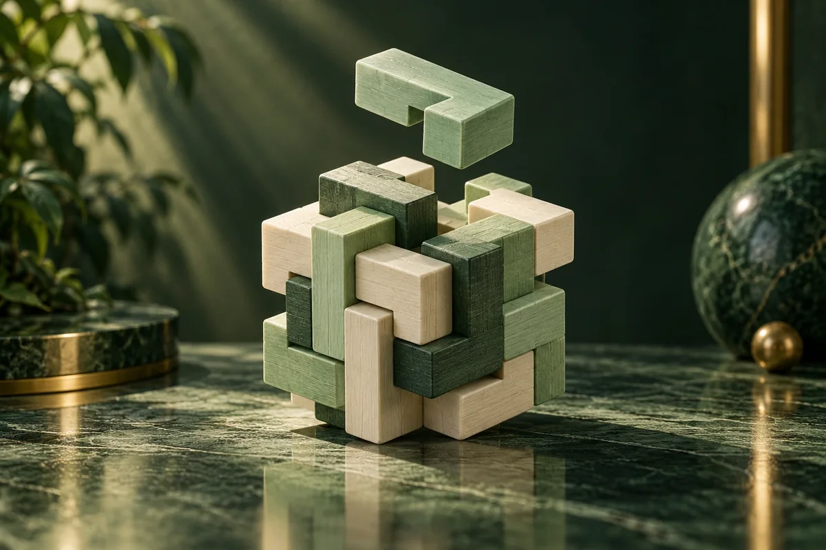 Ilustración editorial de un rompecabezas tridimensional de madera